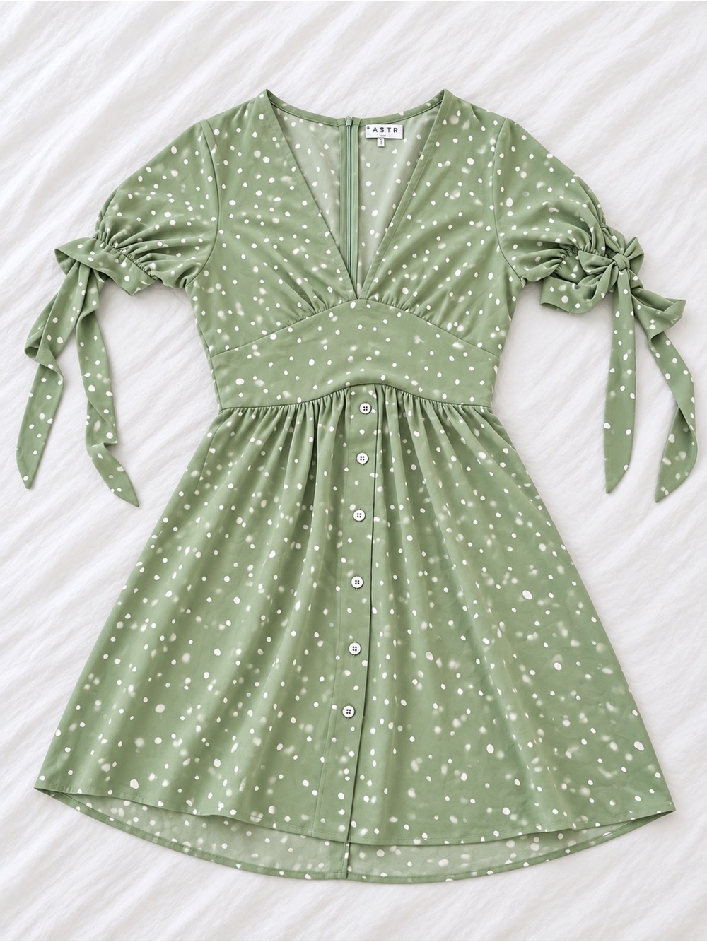 LOAVIES Sage Green Polka Dot Tie Sleeve Mini Dress Size M